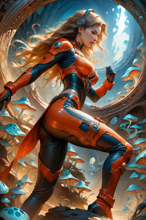 a tokusatsu heroine, viewed from the side, full body shot, low angle shot, bottom-up perspective, action shot, extremely sexy blonde woman, wearing a hightec suit, she is surrounded by incredible alien fungi, inspired by JAKQ Dengekitai, Yoshitaka Amano style, fantasy art nouveau style, (best quality,4k,8k,highres,masterpiece:1.2),ultra-detailed,(realistic,photorealistic,photo-realistic:1.37),dramatic lighting,vibrant colors, stunning details, tokusatsu style