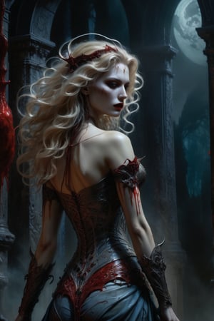 hyper realistic, 8k, award winning digital art, dark fantasy, dramatic lighting, full body shot, from the back, facing away, wide angle, back view, deep shadows, a vampiric goddess, extremely detailed skin, perfect blonde wavy hair, (A vampire goddess, she is using her supernatural powers to psychically manipulate blood, making the blood float around her), hemokinesis, (there are lots of blood strings floating around the environment, flowing towards the vampire goddess's hand), she is wearing a very intricate organic exoskeleton, (the goddess's lower body is vanishing, becoming black mist), the scene unfolds in a dungeon dimly illuminated by a red glow, pale blue and olive hues, mystical energy, dramatic lighting, chiaroscuro, moody atmosphere, cinematic composition, Yoshitaka Amano style,greg rutkowski,c1bo,cyborg style