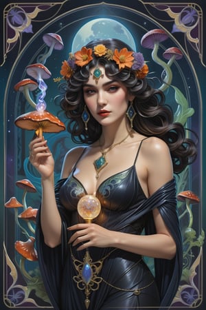 the wraith flower woman, a gorgeous italian priestess, in a sexy pose, from the side shot, perfect short wavy hair, she is holding an intricate poison vial, she is surrounded by incredible alien fungi, Yoshitaka Amano style, fantasy art nouveau tarot card style, (best quality,4k,8k,highres,masterpiece:1.2),ultra-detailed,(realistic,photorealistic,photo-realistic:1.37),dramatic lighting,vibrant colors,stunning details