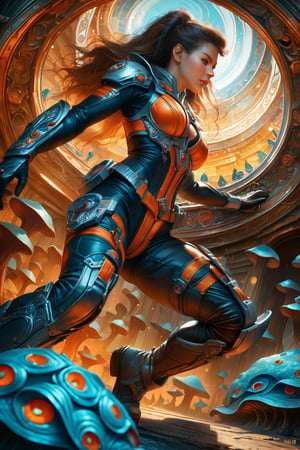 a female tokusatsu heroine, viewed from the side, full body shot, low angle shot, bottom-up perspective, action shot, wearing a hightec suit, she is fighting a kaiju, she is surrounded by incredible alien fungi, inspired by Kamen Rider, Yoshitaka Amano style, fantasy art nouveau style, (best quality,4k,8k,highres,masterpiece:1.2),ultra-detailed,(realistic,photorealistic,photo-realistic:1.37),dramatic lighting,vibrant colors, olive and orange hues, stunning details, tokusatsu style