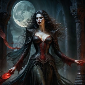 best quality,4k,8k,highres,masterpiece:1.2,ultra-detailed,realistic:1.37,HDR,UHD,studio lighting,ultra-fine painting,sharp focus,physically-based rendering,extreme detail description,professional, dark fantasy, art nouveau, tarot card style, inspired by Castlevania: symphony of the night, dramatic lighting, full body shot, from the back, facing away, wide angle, back view,dynamic angle, deep shadows, a female vampire and her thrall, extremely detailed skin, perfect black wavy hair, (A female vampire and her thrall, she is using her paranormal powers to shift blood in the atmosphere, making the blood translocate around the environment), (the female vampire is trying to reach her thrall's chest with her hand, making a paranormal blood transfusion between them, shifting blood from the thrall to the vampire), hemokinesis, (there are lots of blood strings floating around the environment), she is wearing a very intricate biological exoskeleton, (the female vampire's lower body is blending into the darkness, becoming black mist), the scene unfolds in a dungeon dimly illuminated by a red glow, red energy lines, pale blue and olive hues, mystical energy, moody atmosphere, cinematic composition, Yoshitaka Amano style,greg rutkowski