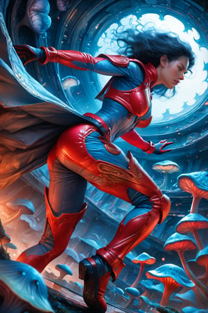 a female tokusatsu heroine, viewed from the side, full body shot, low angle shot, bottom-up perspective, action shot, wearing a hightec suit, she is fighting a kaiju, she is surrounded by incredible alien fungi, inspired by Ultraman, Yoshitaka Amano style, fantasy art nouveau style, (best quality,4k,8k,highres,masterpiece:1.2),ultra-detailed,(realistic,photorealistic,photo-realistic:1.37),dramatic lighting,vibrant colors, pink and pale blue hues, stunning details, tokusatsu style