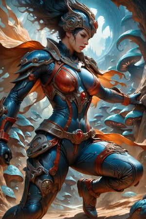 a female tokusatsu heroine, viewed from the side, full body shot, low angle shot, bottom-up perspective, action shot, wearing a hightec suit, she is fighting a kaiju, she is surrounded by incredible alien fungi, inspired by Ultraman, Yoshitaka Amano style, fantasy art nouveau style, (best quality,4k,8k,highres,masterpiece:1.2),ultra-detailed,(realistic,photorealistic,photo-realistic:1.37),dramatic lighting,vibrant colors,stunning details, tokusatsu style