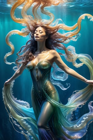 a beautiful water goddess, water elemental woman floating in the sea, ghostly jellyfish tentacles, intricate flowing bodysuit, seaweed, Hans Ruedi Giger bio-mechanical style, fantasy art nouveau tarot card style, (best quality,4k,8k,highres,masterpiece:1.2),ultra-detailed,(realistic,photorealistic,photo-realistic:1.37),dramatic lighting,vibrant colors,stunning details,Japanese Girl - SDXL