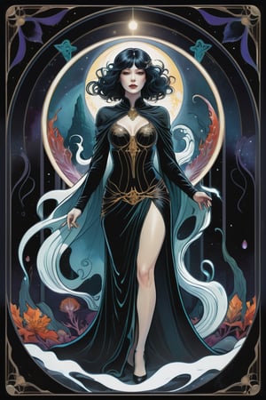 the wraith woman, a mysterious nordic priestess, in a sexy pose, from the side, perfect short wavy hair, she is emerging from within an interdimensional hole on the ground, she is surrounded by incredible lovecraftian cosmic horrors, Yoshitaka Amano style, fantasy art nouveau tarot card style, (best quality,4k,8k,highres,masterpiece:1.2),ultra-detailed,(realistic,photorealistic,photo-realistic:1.37),dramatic lighting,vibrant colors,stunning details