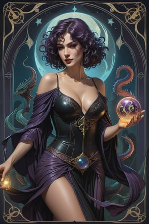 the wraith librarian, a gorgeous italian sorceress, in a sexy pose, from the side shot, perfect short wavy hair, she is emerging from within a shadow, carrying a mystical grimoire, she is surrounded by incredible lovecraftian cosmic horrors, Yoshitaka Amano style, fantasy art nouveau tarot card style, (best quality,4k,8k,highres,masterpiece:1.2),ultra-detailed,(realistic,photorealistic,photo-realistic:1.37),dramatic lighting,vibrant colors,stunning details