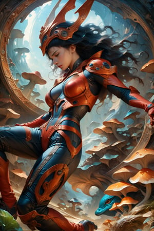 a female tokusatsu heroine, viewed from the side, full body shot, low angle shot, bottom-up perspective, action shot, wearing a hightec suit, she is accompanied by a kaiju, she is surrounded by incredible alien fungi, inspired by Gatchaman, Yoshitaka Amano style, fantasy art nouveau style, (best quality,4k,8k,highres,masterpiece:1.2),ultra-detailed,(realistic,photorealistic,photo-realistic:1.37),dramatic lighting,vibrant colors, stunning details, tokusatsu style