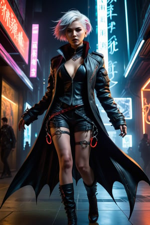 the ether walker, a female cyberpunk vampire, viewed from the side, full body shot, low angle shot, bottom-up perspective, short platinum hair, action shot, astonished expression, wearing a hightec fashionable jacket, she is crossing a shadow portal, she is surrounded by incredible lovecraftian shadow tentacles, Yoshitaka Amano style, fantasy art nouveau style, (best quality,4k,8k,highres,masterpiece:1.2),ultra-detailed,(realistic,photorealistic,photo-realistic:1.37),dramatic lighting,vibrant colors,stunning details