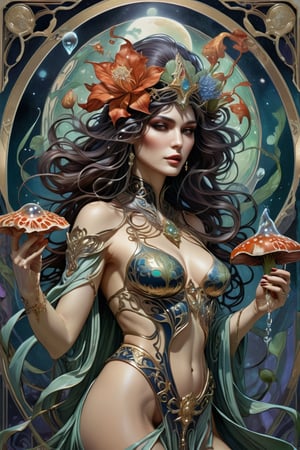 the wraith flower woman, a gorgeous italian priestess, in a sexy pose, from the side shot, perfect short wavy hair, she is holding an intricate poison vial, she is surrounded by incredible alien fungi, Yoshitaka Amano style, fantasy art nouveau tarot card style, (best quality,4k,8k,highres,masterpiece:1.2),ultra-detailed,(realistic,photorealistic,photo-realistic:1.37),dramatic lighting,vibrant colors,stunning details