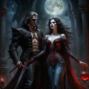 best quality,4k,8k,highres,masterpiece:1.2,ultra-detailed,realistic:1.37,HDR,UHD,studio lighting,ultra-fine painting,sharp focus,physically-based rendering,extreme detail description,professional, dark fantasy, art nouveau, tarot card style, inspired by Castlevania: symphony of the night, dramatic lighting, full body shot, from the back, facing away, wide angle, back view,dynamic angle, deep shadows, a female vampire and her thrall, extremely detailed skin, perfect black wavy hair, (A female vampire and her thrall, she is using her paranormal powers to shift blood in the atmosphere, making the blood translocate around the environment), (the female vampire is trying to reach her thrall's chest with her hand, making a paranormal blood transfusion between them, shifting blood from the thrall to the vampire), hemokinesis, (there are lots of blood strings floating around the environment), she is wearing a very intricate biological exoskeleton, (the female vampire's lower body is blending into the darkness, becoming black mist), the scene unfolds in a dungeon dimly illuminated by a red glow, red energy lines, pale blue and olive hues, mystical energy, moody atmosphere, cinematic composition, Yoshitaka Amano style,greg rutkowski