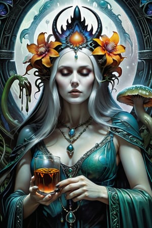 the ghost flower card, a poisonous priestess, shot from the side, dripping poison from her hands, holding an intricate poison vial, she is surrounded by incredible fungi, Hans Ruedi Giger bio-mechanical style, fantasy art nouveau tarot card style, (best quality,4k,8k,highres,masterpiece:1.2),ultra-detailed,(realistic,photorealistic,photo-realistic:1.37),dramatic lighting,vibrant colors,stunning details,g1h3r,fr4z3tt4,LinkGirl