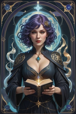 the wraith librarian, a gorgeous nordic sorceress, in a lustful pose, from the side shot, perfect short wavy hair, she is emerging from within another dimension, carrying a mystical book, she is surrounded by incredible lovecraftian elements, Yoshitaka Amano style, fantasy art nouveau tarot card style, (best quality,4k,8k,highres,masterpiece:1.2),ultra-detailed,(realistic,photorealistic,photo-realistic:1.37),dramatic lighting,vibrant colors,stunning details