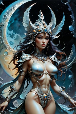 award winning digital art, dramatic lighting, full body shot, extremely detailed skin, a beautiful moon goddess, a moon guardian, biomechanical, spaceship, outer space, retro futuristic, sci-fi, fantasy art, 80s fantasy movie style, intricate mechanical details, glowing cybernetic enhancements, action pose, frank frazetta style, best quality, 8k, highres, masterpiece, ultra-detailed, realistic, photorealistic, HDR, UHD, studio lighting, ultra-fine painting, sharp focus, physically-based rendering, extreme detail description, professional, vivid colors,more detail XL