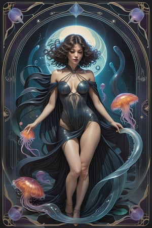 the wraith woman, a gorgeous italian priestess, in a sexy pose, from the side shot, perfect short wavy hair, she is emerging in the scene crawling from within an interdimensional portal on the ground, she is surrounded by incredible alien jellyfish, Yoshitaka Amano style, fantasy art nouveau tarot card style, (best quality,4k,8k,highres,masterpiece:1.2),ultra-detailed,(realistic,photorealistic,photo-realistic:1.37),dramatic lighting,vibrant colors,stunning details