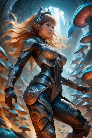 a female tokusatsu heroine, viewed from the side, full body shot, low angle shot, bottom-up perspective, action shot, blonde bombshell, wearing a hightec suit, she is fighting a kaiju, she is surrounded by incredible alien fungi, inspired by Ultraman, Yoshitaka Amano style, fantasy art nouveau style, (best quality,4k,8k,highres,masterpiece:1.2),ultra-detailed,(realistic,photorealistic,photo-realistic:1.37),dramatic lighting,vibrant colors,stunning details, tokusatsu style, Samus Aran