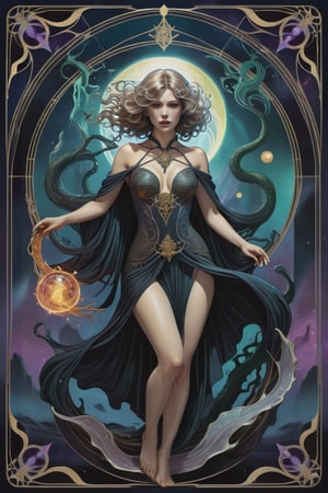 the wraith woman, a mysterious nordic priestess, in a sexy pose, from the side, perfect short wavy hair, she is emerging from within an interdimensional hole on the ground, she is surrounded by incredible lovecraftian cosmic horrors, Yoshitaka Amano style, fantasy art nouveau tarot card style, (best quality,4k,8k,highres,masterpiece:1.2),ultra-detailed,(realistic,photorealistic,photo-realistic:1.37),dramatic lighting,vibrant colors,stunning details