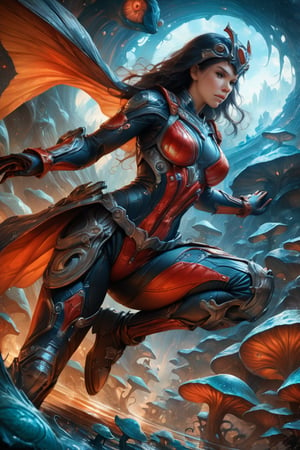 a female tokusatsu heroine, viewed from the side, full body shot, low angle shot, bottom-up perspective, action shot, wearing a hightec suit, she is fighting a kaiju, she is surrounded by incredible alien fungi, inspired by Ultraman, Yoshitaka Amano style, fantasy art nouveau style, (best quality,4k,8k,highres,masterpiece:1.2),ultra-detailed,(realistic,photorealistic,photo-realistic:1.37),dramatic lighting,vibrant colors,stunning details, tokusatsu style, Samus Aran