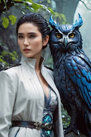 best quality,4k,8k,highres,masterpiece:1.2,ultra-detailed,realistic:1.37,HDR,UHD,studio lighting,ultra-fine painting,sharp focus,physically-based rendering,(Yoshitaka Amano style:1.1), A nordic woman and her guardian familiar, mystical creature,otherworldly creature,kaiju-like,enchanting companions,wearing stylish futuristic clothes,inspired by Phantasy Star Online,action shot,dynamic poses, (The woman, with her eyes brightly colored, no makeup and her nordic facial features elegantly detailed, adding to her allure. Dressed in elegant casual clothes with a stylish futuristic jacket.), (She is accompanied by a guardian, a panther and owl mixed creature with exquisite anatomical features resembling a cosmic horror. The creature's presence adds a sense of wonder and magic to the scene.), (The woman and her companion stand in a dark and gothic city, a modern metropolis with surreal plants, and vibrant signs. The colors are vibrant, with a mixture of dark blues, olive, and pale reds creating a dreamlike atmosphere.), (The lighting is soft but illuminating, casting a gentle glow on both the woman and the creature.), (The overall composition has a realistic and photorealistic quality, capturing the essence of the scene in intricate detail.), (The art style is inspired by Yoshitaka Amano, known for his ethereal and otherworldly illustrations. The combination of realistic elements with the artist's unique style creates a captivating and visually stunning image.),Greg Rutkowski,JenniferConnelly