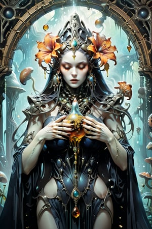 the ghost flower card, a poisonous priestess, from the side shot, dripping poison from her hands, holding an intricate poison vial, she is surrounded by incredible fungi, Hans Ruedi Giger bio-mechanical style, fantasy art nouveau tarot card style, (best quality,4k,8k,highres,masterpiece:1.2),ultra-detailed,(realistic,photorealistic,photo-realistic:1.37),dramatic lighting,vibrant colors,stunning details,g1h3r,fr4z3tt4