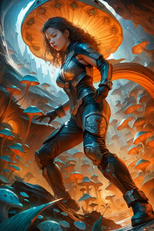 a female tokusatsu heroine, viewed from the side, full body shot, low angle shot, bottom-up perspective, action shot, wearing a hightec suit, she is fighting a kaiju, she is surrounded by incredible alien fungi, inspired by Kamen Rider, Yoshitaka Amano style, fantasy art nouveau style, (best quality,4k,8k,highres,masterpiece:1.2),ultra-detailed,(realistic,photorealistic,photo-realistic:1.37),dramatic lighting,vibrant colors, olive and orange hues, stunning details, tokusatsu style