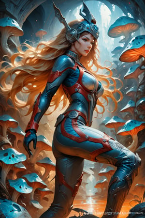 a tokusatsu heroine, viewed from the side, full body shot, low angle shot, bottom-up perspective, action shot, extremely hot blonde woman, wearing a hightec suit, she is surrounded by incredible alien fungi, inspired by Ultraman, Yoshitaka Amano style, fantasy art nouveau style, (best quality,4k,8k,highres,masterpiece:1.2),ultra-detailed,(realistic,photorealistic,photo-realistic:1.37),dramatic lighting,vibrant colors, stunning details, tokusatsu style