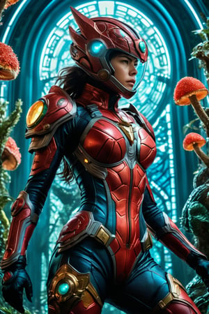 a female tokusatsu hero, viewed from the side, full body shot, low angle shot, bottom-up perspective, action shot, wearing a hightec suit, she is fighting a kaiju, she is surrounded by incredible alien fungi, inspired by Metroid, Yoshitaka Amano style, fantasy art nouveau style, (best quality,4k,8k,highres,masterpiece:1.2),ultra-detailed,(realistic,photorealistic,photo-realistic:1.37),dramatic lighting,vibrant colors,stunning details, tokusatsu style, Selma Blair