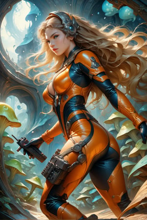 a tokusatsu heroine, viewed from the side, full body shot, low angle shot, bottom-up perspective, action shot, extremely sexy blonde woman, wearing a hightec suit, she is surrounded by incredible alien fungi, inspired by Detonator Orgun, Yoshitaka Amano style, fantasy art nouveau style, (best quality,4k,8k,highres,masterpiece:1.2),ultra-detailed,(realistic,photorealistic,photo-realistic:1.37),dramatic lighting,vibrant colors, stunning details, tokusatsu style