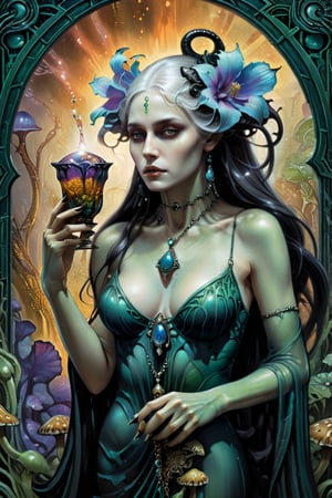 the ghost flower card, a poisonous lady, from the side, dripping poison from her hands, holding an intricate poison vial, she is surrounded by incredible fungi, Hans Ruedi Giger bio-mechanical style, fantasy art nouveau tarot card style, (best quality,4k,8k,highres,masterpiece:1.2),ultra-detailed,(realistic,photorealistic,photo-realistic:1.37),dramatic lighting,vibrant colors,stunning details,g1h3r,fr4z3tt4,LinkGirl