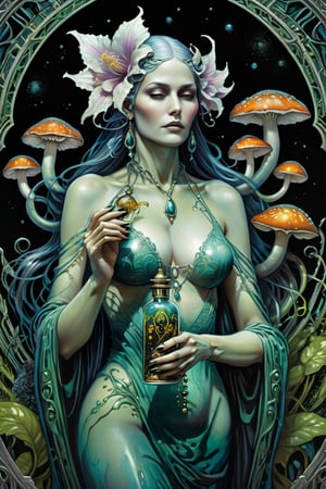 the ghost flower card, a poisonous priestess, from the side shot, perfect short wavy hair, dripping poison from her hands, holding an intricate poison vial, she is surrounded by incredible fungi, Hans Ruedi Giger bio-mechanical style, fantasy art nouveau tarot card style, (best quality,4k,8k,highres,masterpiece:1.2),ultra-detailed,(realistic,photorealistic,photo-realistic:1.37),dramatic lighting,vibrant colors,stunning details,g1h3r,fr4z3tt4