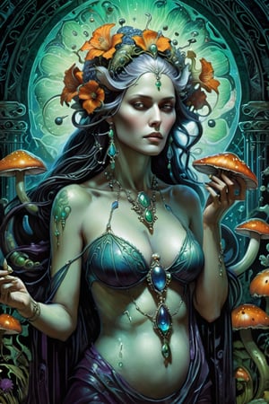 the ghost flower card, a poisonous priestess, from the side shot, perfect short wavy hair, dripping poison from her hands, holding an intricate poison vial, she is surrounded by incredible fungi, Hans Ruedi Giger bio-mechanical style, fantasy art nouveau tarot card style, (best quality,4k,8k,highres,masterpiece:1.2),ultra-detailed,(realistic,photorealistic,photo-realistic:1.37),dramatic lighting,vibrant colors,stunning details,g1h3r,fr4z3tt4