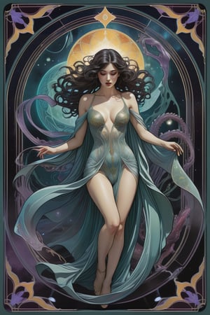 the ghostly wraith woman, a gorgeous italian priestess, in a sexy pose, from the side shot, perfect short wavy hair, she is emerging in the scene crawling from within an interdimensional portal on the ground, she is surrounded by incredible lovecraftian cosmic horrors, Yoshitaka Amano style, fantasy art nouveau tarot card style, (best quality,4k,8k,highres,masterpiece:1.2),ultra-detailed,(realistic,photorealistic,photo-realistic:1.37),dramatic lighting,vibrant colors,stunning details