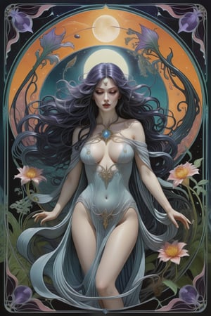 the ghostly wraith woman, a sexy sorceress, in a lustful pose, back view, perfect wavy hair, she is emerging from within a worm hole, she is surrounded by incredible alien flora, Yoshitaka Amano style, fantasy art nouveau tarot card style, (best quality,4k,8k,highres,masterpiece:1.2),ultra-detailed,(realistic,photorealistic,photo-realistic:1.37),dramatic lighting,vibrant colors,stunning details