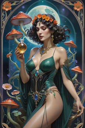 the wraith flower woman, a gorgeous italian priestess, in a sexy pose, from the side shot, perfect short wavy hair, she is holding an intricate poison vial, she is surrounded by incredible alien fungi, Yoshitaka Amano style, fantasy art nouveau tarot card style, (best quality,4k,8k,highres,masterpiece:1.2),ultra-detailed,(realistic,photorealistic,photo-realistic:1.37),dramatic lighting,vibrant colors,stunning details