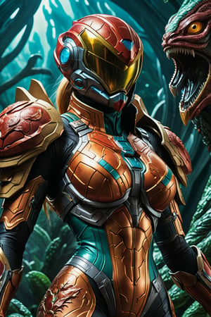 a female tokusatsu hero, viewed from the side, full body shot, low angle shot, bottom-up perspective, action shot, wearing a hightec suit, she is fighting a kaiju, she is surrounded by incredible alien fungi, inspired by Metroid, Yoshitaka Amano style, fantasy art nouveau style, (best quality,4k,8k,highres,masterpiece:1.2),ultra-detailed,(realistic,photorealistic,photo-realistic:1.37),dramatic lighting,vibrant colors,stunning details, tokusatsu style, Samus Aran