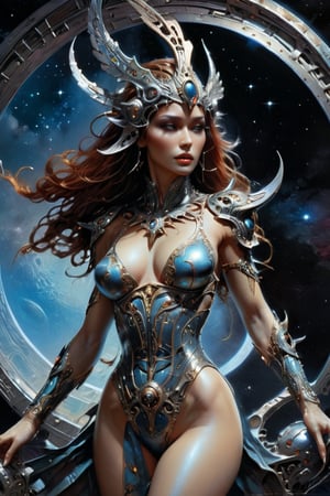 award winning digital art, dramatic lighting, full body shot, extremely detailed skin, a beautiful alien goddess, a moon deity, biomechanical, wearing an intricate high-tech bodysuit, spaceship, outer space, retro futuristic, sci-fi, fantasy art, 80s fantasy movie style, intricate mechanical details, glowing cybernetic enhancements, action pose, frank frazetta style, best quality, 8k, highres, masterpiece, ultra-detailed, realistic, photorealistic, HDR, UHD, studio lighting, ultra-fine painting, sharp focus, physically-based rendering, extreme detail description, professional, vivid colors,more detail XL