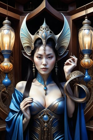 a beautiful mature woman, holding a large intricate hourglass, dramatic poses, wearing a beautifully detailed robe, pointed ears, A marking can be seen on her forehead, Hans Ruedi Giger bio-mechanical style, fantasy art nouveau, (best quality,4k,8k,highres,masterpiece:1.2),ultra-detailed,(realistic,photorealistic,photo-realistic:1.37),dramatic lighting,vibrant colors,stunning details,g1h3r,fr4z3tt4 ,Japanese Girl - SDXL