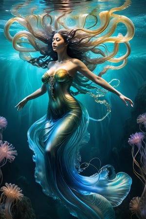 a beautiful water goddess, water elemental woman floating in the sea, ghostly jellyfish tentacles, intricate flowing bodysuit, seaweed, Hans Ruedi Giger bio-mechanical style, fantasy art nouveau tarot card style, (best quality,4k,8k,highres,masterpiece:1.2),ultra-detailed,(realistic,photorealistic,photo-realistic:1.37),dramatic lighting,vibrant colors,stunning details,Japanese Girl - SDXL