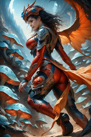 a female tokusatsu heroine, viewed from the side, full body shot, low angle shot, bottom-up perspective, action shot, wearing a hightec suit, she is fighting a kaiju, she is surrounded by incredible alien fungi, inspired by Ultraman, Yoshitaka Amano style, fantasy art nouveau style, (best quality,4k,8k,highres,masterpiece:1.2),ultra-detailed,(realistic,photorealistic,photo-realistic:1.37),dramatic lighting,vibrant colors,stunning details, tokusatsu style