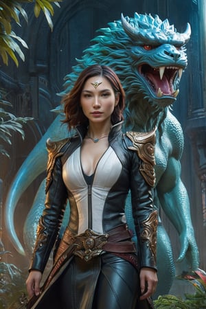 best quality,4k,8k,highres,masterpiece:1.2,ultra-detailed,realistic:1.37,HDR,UHD,studio lighting,ultra-fine painting,sharp focus,physically-based rendering,(Yoshitaka Amano style:1.1), A israeli woman and her guardian familiar, mystical creature,otherworldly creature,enchanting companions,wearing stylish futuristic clothes,inspired by Phantasy Star Online,wide angle, dynamic poses, (The woman, with her eyes brightly colored, no makeup and her israeli facial features elegantly detailed, adding to her allure. Dressed in elegant casual clothes with a stylish futuristic jacket.), (She is accompanied by a guardian, a Raijin and Fujin mixed creature with exquisite appearance features resembling a lovecraftian cosmic horror. The creature's presence adds a sense of wonder and magic to the scene.), (The woman and her companion stand in a dark and gothic city, a modern metropolis with exotic alien plants, and vibrant signs. The colors are vibrant, with a mixture of olives, browns, and pale reds creating a dreamlike atmosphere.), (The lighting is soft but illuminating, casting a gentle glow on both the woman and the creature.), (The overall composition has a realistic and photorealistic quality, capturing the essence of the scene in intricate detail.), (The art style is inspired by Yoshitaka Amano, known for his ethereal and otherworldly illustrations. The combination of realistic elements with the artist's unique style creates a captivating and visually stunning image.),Greg Rutkowski,skirtlift,GalGadot,OHWX