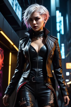 the ether walker, a female cyberpunk vampire, viewed from the side, full body shot, low angle shot, bottom-up perspective, short platinum hair, action shot, astonished expression, wearing a hightec fashionable jacket, she is crossing a shadow portal, she is surrounded by incredible lovecraftian shadow tentacles, Yoshitaka Amano style, fantasy art nouveau style, (best quality,4k,8k,highres,masterpiece:1.2),ultra-detailed,(realistic,photorealistic,photo-realistic:1.37),dramatic lighting,vibrant colors,stunning details