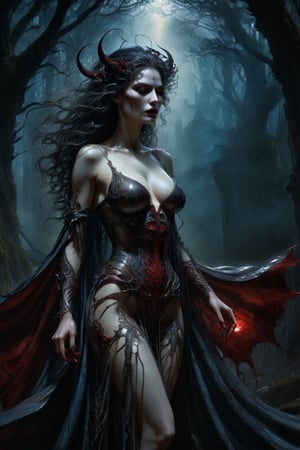 hyper realistic, 8k, award winning digital art, dark fantasy, dramatic lighting, full body shot, from the back, facing away, wide angle, back view, deep shadows, a vampiric goddess, extremely detailed skin, perfect black wavy hair, (A vampire goddess, she is using her supernatural powers to psychically manipulate blood, making the blood float around her), hemokinesis, (there are lots of blood strings floating around the environment, flowing towards the vampire goddess's hand), she is wearing a very intricate organic exoskeleton, (the goddess's lower body is vanishing, becoming black mist), the scene unfolds in a dark forest dimly illuminated by a red glow, pale blue and olive hues, mystical energy, dramatic lighting, chiaroscuro, moody atmosphere, cinematic composition, Yoshitaka Amano style,greg rutkowski,c1bo,cyborg style