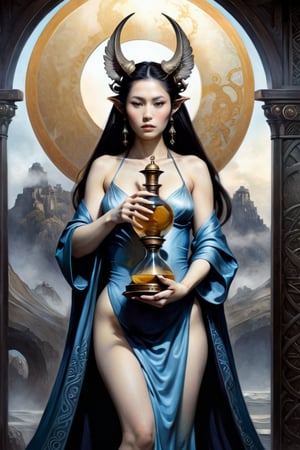 a time goddess, a beautiful woman carrying a large hourglass, wearing a beautifully detailed robe, pointed ears, carrying a large hourglass, Hans Ruedi Giger bio-mechanical style, fantasy art nouveau tarot card style, (best quality,4k,8k,highres,masterpiece:1.2),ultra-detailed,(realistic,photorealistic,photo-realistic:1.37),dramatic lighting,vibrant colors,stunning details,g1h3r,fr4z3tt4 ,Japanese Girl - SDXL