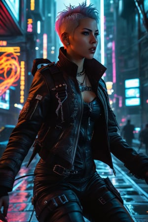 the ether walker, a female cyberpunk vampire, viewed from the side, full body shot, low angle shot, bottom-up perspective, short platinum hair, action shot, astonished expression, wearing a hightec fashionable jacket, she is crossing a shadow portal, she is surrounded by incredible lovecraftian shadow tentacles, Yoshitaka Amano style, fantasy art nouveau style, (best quality,4k,8k,highres,masterpiece:1.2),ultra-detailed,(realistic,photorealistic,photo-realistic:1.37),dramatic lighting,vibrant colors,stunning details