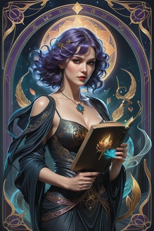 the wraith librarian, a gorgeous nordic sorceress, in a lustful pose, from the side shot, perfect short wavy hair, she is emerging from within another dimension, carrying a mystical book, she is surrounded by incredible lovecraftian elements, Yoshitaka Amano style, fantasy art nouveau tarot card style, (best quality,4k,8k,highres,masterpiece:1.2),ultra-detailed,(realistic,photorealistic,photo-realistic:1.37),dramatic lighting,vibrant colors,stunning details