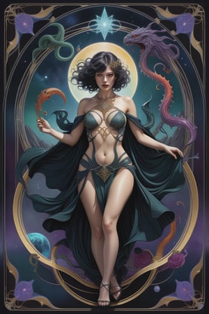 the wraith woman, a mysterious nordic priestess, in a sexy pose, from the side, perfect short wavy hair, she is emerging from within an interdimensional hole on the ground, she is surrounded by incredible lovecraftian cosmic horrors, Yoshitaka Amano style, fantasy art nouveau tarot card style, (best quality,4k,8k,highres,masterpiece:1.2),ultra-detailed,(realistic,photorealistic,photo-realistic:1.37),dramatic lighting,vibrant colors,stunning details