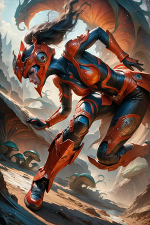 a female tokusatsu heroine, viewed from the side, full body shot, low angle shot, bottom-up perspective, action shot, wearing a hightec suit, she is fighting a kaiju, she is surrounded by incredible alien fungi, inspired by Kamen Rider, Yoshitaka Amano style, fantasy art nouveau style, (best quality,4k,8k,highres,masterpiece:1.2),ultra-detailed,(realistic,photorealistic,photo-realistic:1.37),dramatic lighting,vibrant colors, stunning details, tokusatsu style