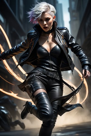 the ether walker, a female cyberpunk vampire, viewed from the side, full body shot, low angle shot, bottom-up perspective, short platinum hair, action shot, astonished expression, wearing a hightec fashionable jacket, she is crossing a shadow portal, she is surrounded by incredible lovecraftian shadow tentacles, Yoshitaka Amano style, fantasy art nouveau style, (best quality,4k,8k,highres,masterpiece:1.2),ultra-detailed,(realistic,photorealistic,photo-realistic:1.37),dramatic lighting,vibrant colors,stunning details