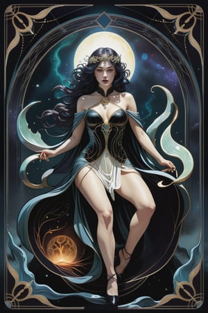 the wraith woman, a mysterious nordic priestess, in a sexy pose, from the side, perfect short wavy hair, she is emerging from within an interdimensional hole on the ground, she is surrounded by incredible lovecraftian cosmic horrors, Yoshitaka Amano style, fantasy art nouveau tarot card style, (best quality,4k,8k,highres,masterpiece:1.2),ultra-detailed,(realistic,photorealistic,photo-realistic:1.37),dramatic lighting,vibrant colors,stunning details