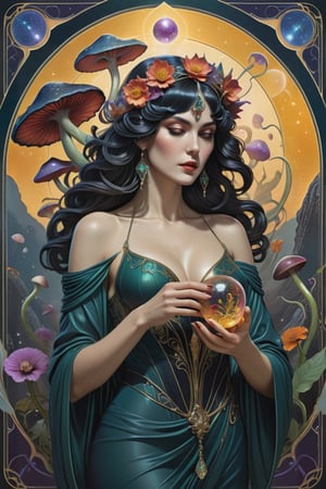 the wraith flower woman, a gorgeous italian priestess, in a sexy pose, from the side shot, perfect short wavy hair, she is holding an intricate poison vial, she is surrounded by incredible alien fungi, Yoshitaka Amano style, fantasy art nouveau tarot card style, (best quality,4k,8k,highres,masterpiece:1.2),ultra-detailed,(realistic,photorealistic,photo-realistic:1.37),dramatic lighting,vibrant colors,stunning details