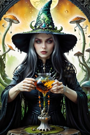 the poison card, a poison witch, from the side, dripping poison from her hands, holding an intricate poison vial, she is surrounded by incredible fungi, Hans Ruedi Giger bio-mechanical style, fantasy art nouveau tarot card style, (best quality,4k,8k,highres,masterpiece:1.2),ultra-detailed,(realistic,photorealistic,photo-realistic:1.37),dramatic lighting,vibrant colors,stunning details,g1h3r,fr4z3tt4,LinkGirl